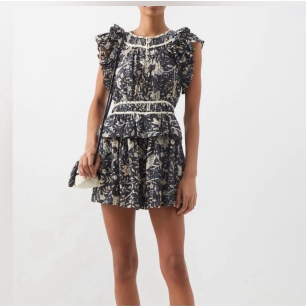 Floral Ruffle Playsuit Romper Ulla Johnson - Black and Cream
